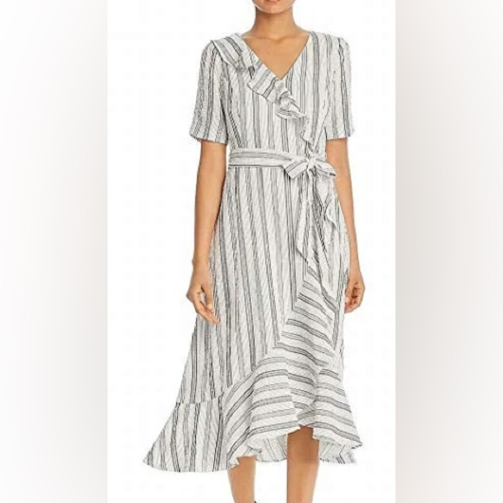 Calvin Klein Women's Ruffle Front WRAP Dress, Soft White/Black, Size 6